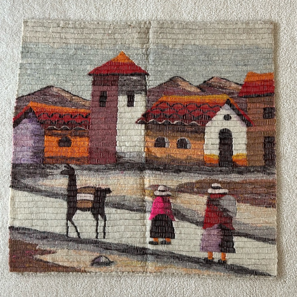 VintageVibrant Red and Orange South American Hand Woven Folk Art Tapestry
